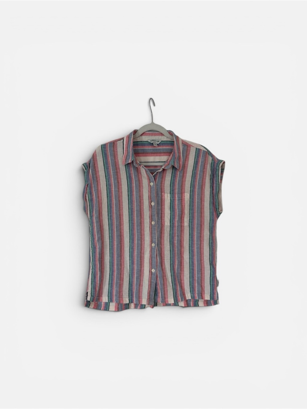 Orvis Striped Button-Front Top in Pink, Blue, Green